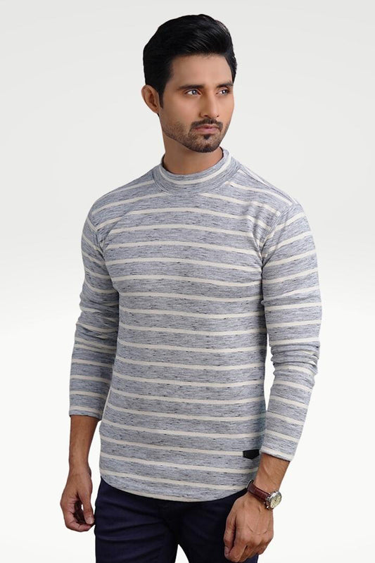 Misty Gray Mock Neck Striped Sweatshirt