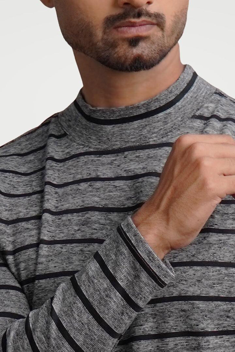 Silvered Slate Mock Neck Striped Sweatshirt