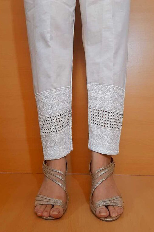 Cutwork Embroided Trouser - White - Cotton - ZT336