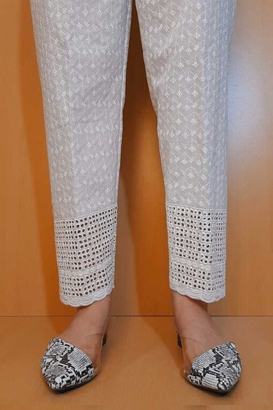 Chikankari Trouser - Soft Cotton - White - ZT362