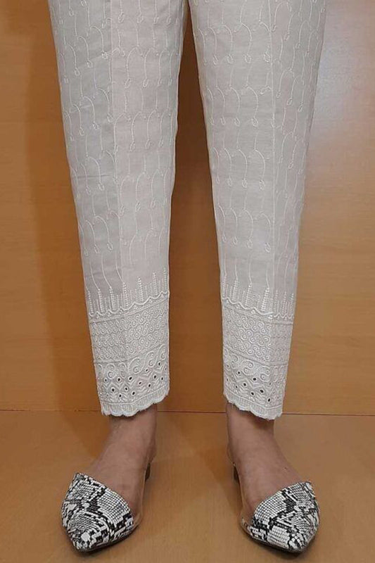 Chikankari Trouser - Soft Cotton - White - ZT329