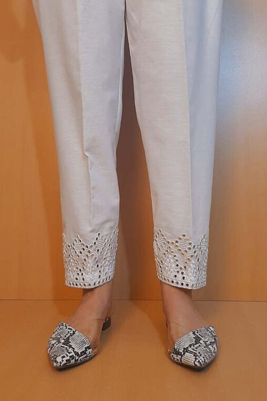 Artificial Mirror Work Embroided Cotton Trouser - White - ZT349