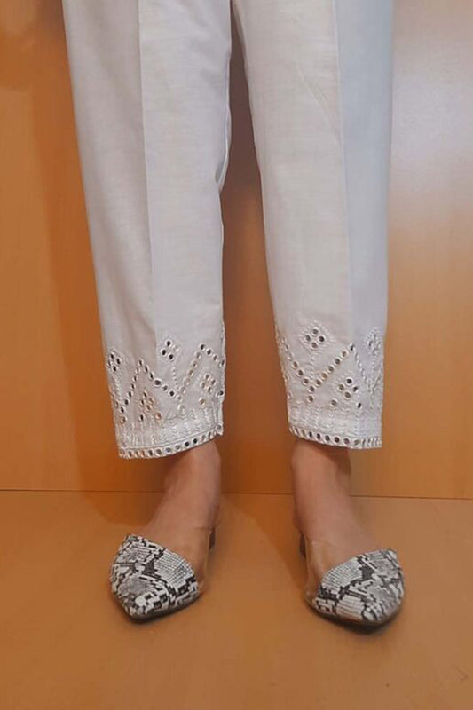 Artificial Mirror Work Embroided Cotton Trouser - White - ZT352