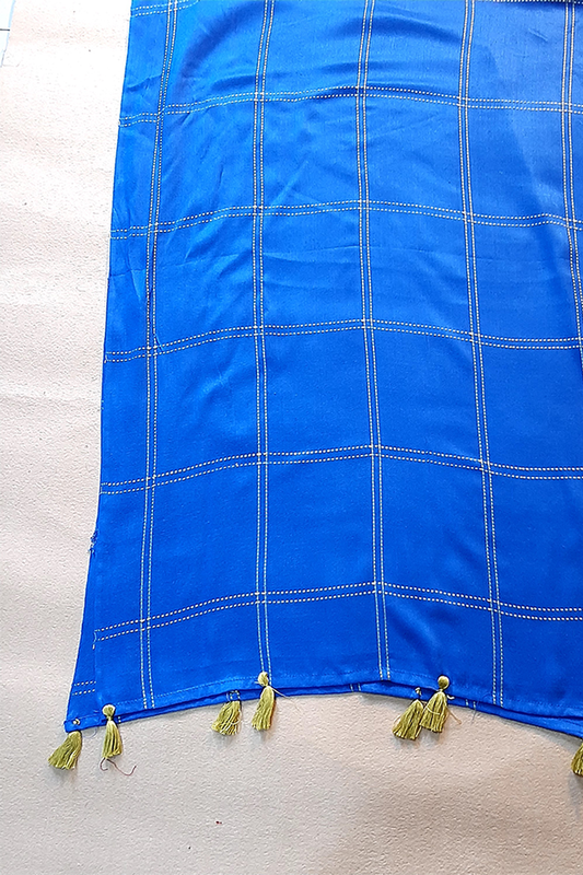 Check Pattern - Stole / Scarf For Women - Linen - 185 x 85 Cm - Large - Blue - ZSC76