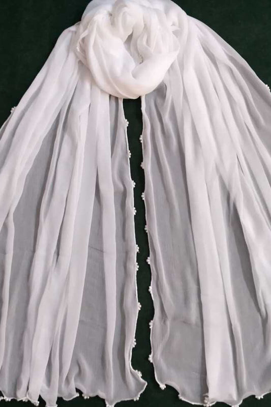 Chiffon Dupatta With 4 Sided Pearls - White - BGD02