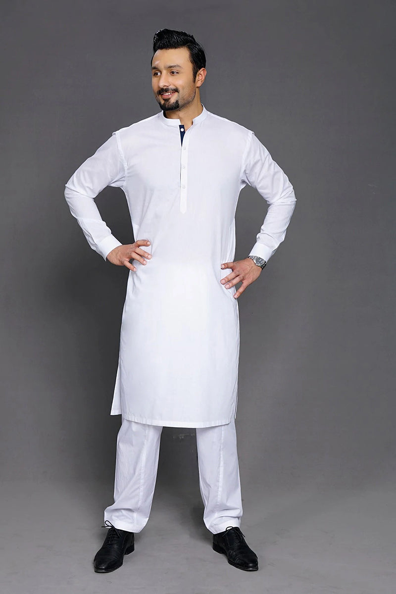 Shalwar Kameez, Premium 100% Egyptian Cotton, White, Ban