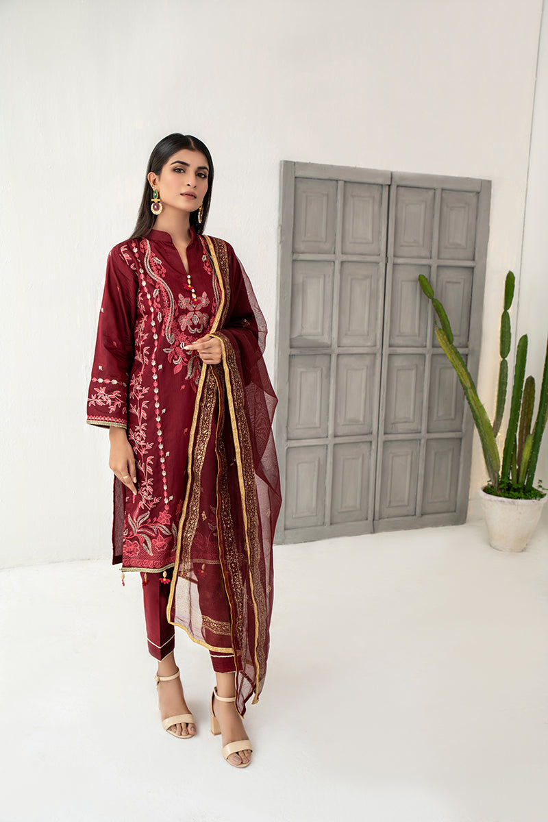 Unstitched Festive 3 Piece Embroidered Khaddi Silk Red Maroon Suit