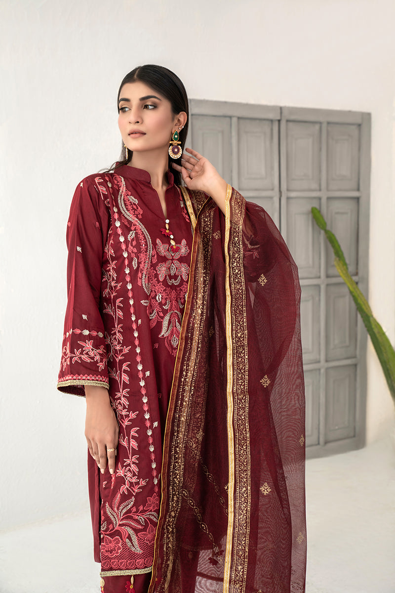 Unstitched Festive 3 Piece Embroidered Khaddi Silk Red Maroon Suit