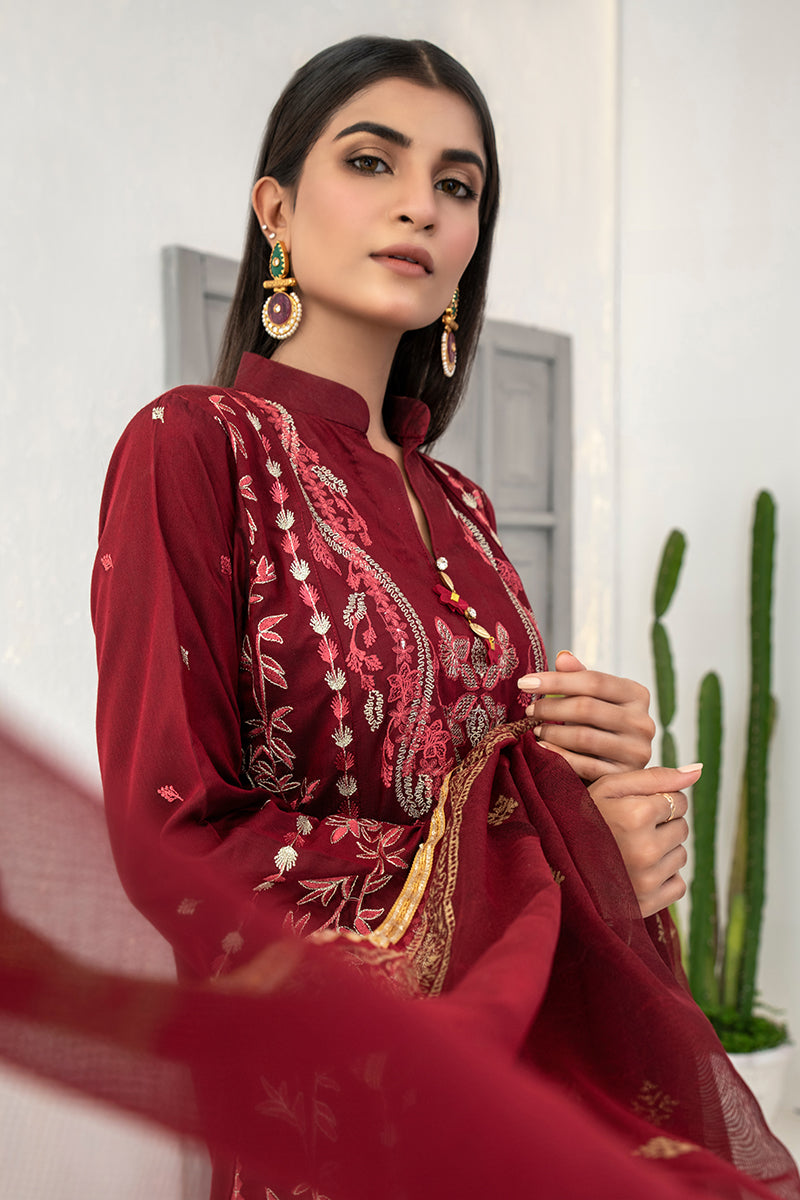 Festive 3 Piece Embroidered Khaddi Silk Red Maroon Suit