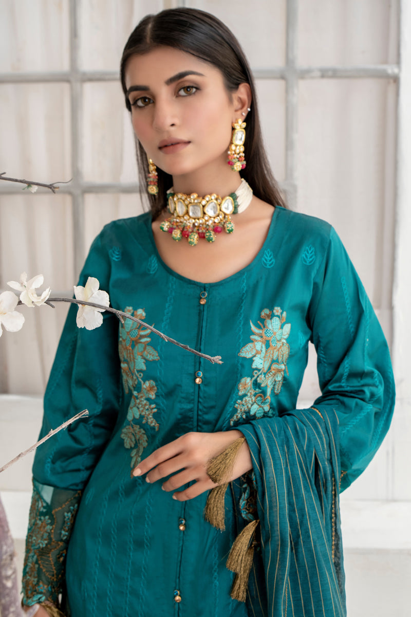 Festive 3 Piece Embroidered Khaddi Silk Turquoise Green Suit