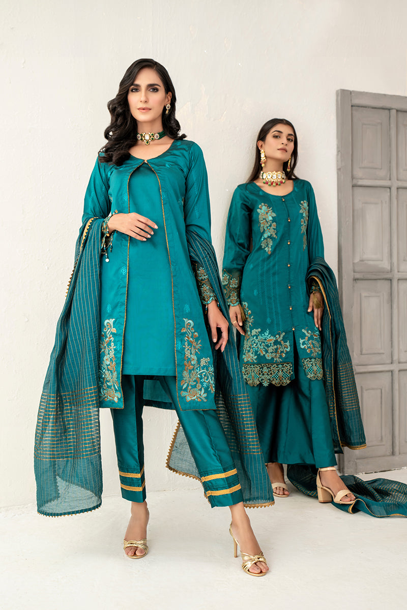 Festive 3 Piece Embroidered Khaddi Silk Turquoise Green Suit