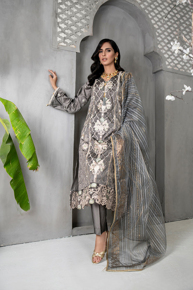 Festive 3 Piece Embroidered Khaddi Silk Grey Suit