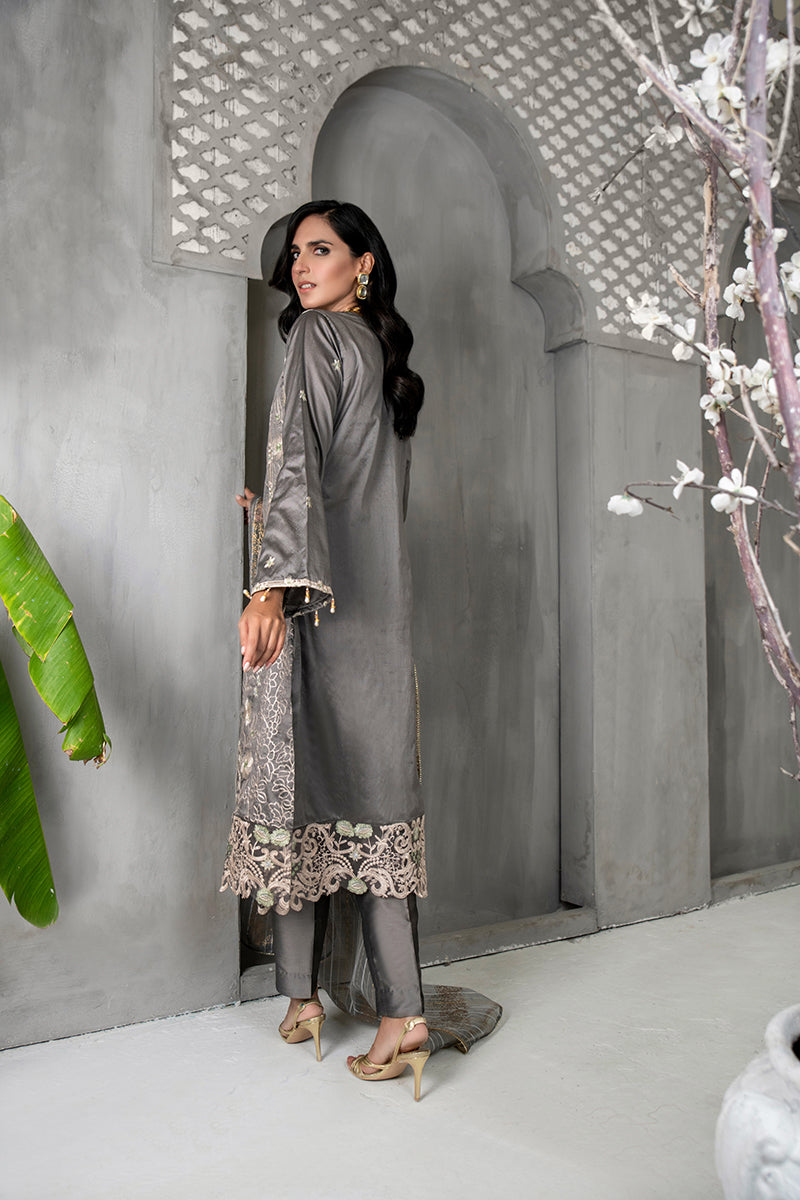 Unstitched Festive 3 Piece Embroidered Khaddi Silk Grey Suit