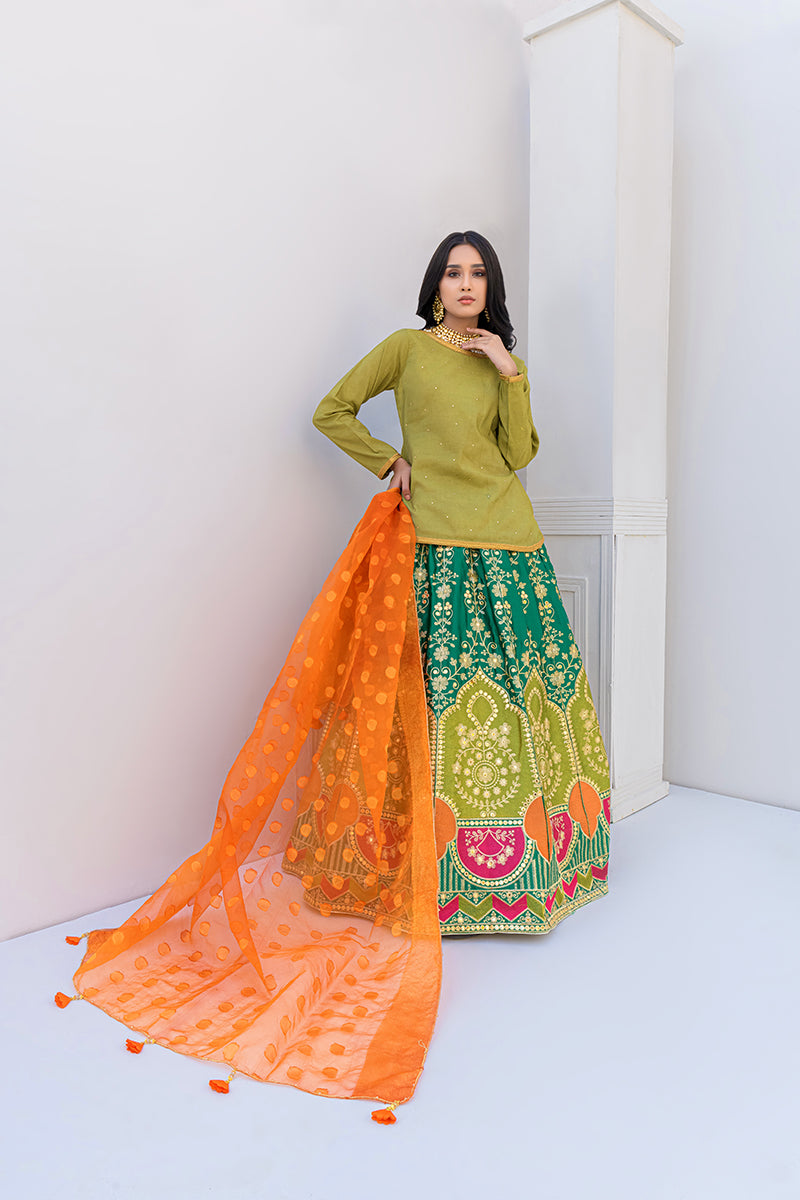 Unstitched Festive Mehndi 4 Piece Embroidered Indian Silk Parrot Green Lehenga Suit
