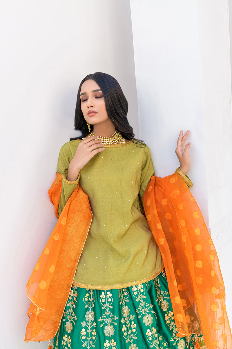 Festive Mehndi 4 Piece Embroidered Indian Silk Parrot Green Lehenga Suit