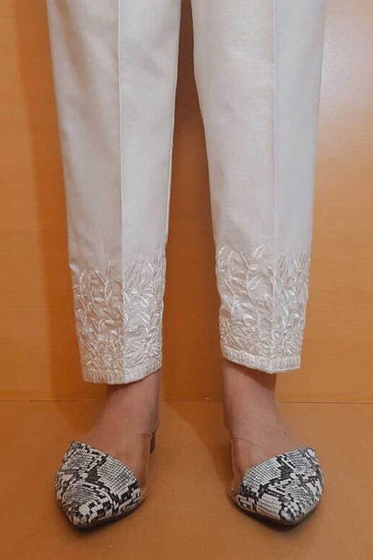Embroided – Cotton Trouser – Off White – ZT365
