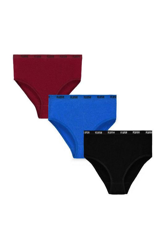 Flush Women's Cotton Underwear Brief Tagless & Breathable Pack of 3 - Royalblue/Maroon/Black