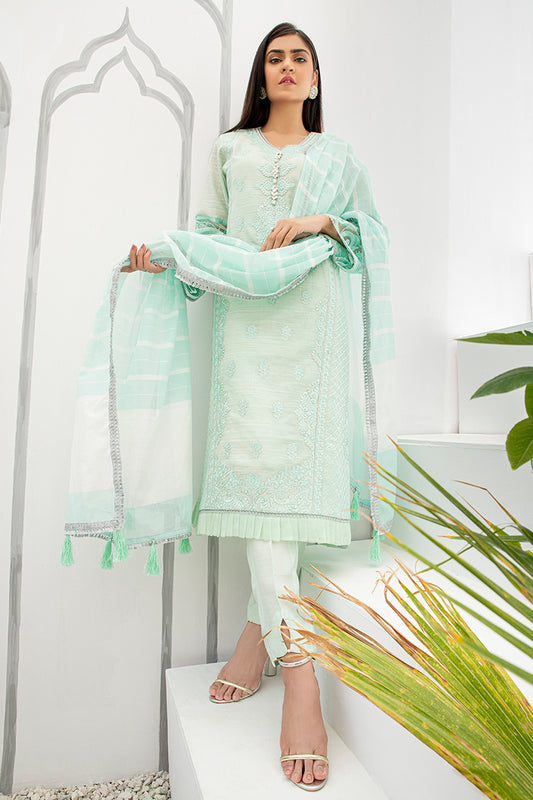 Festive 3 Piece Embroidered Cotton Mint Green Suit