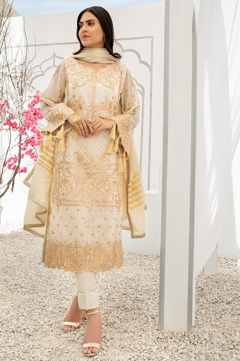 Festive 3 Piece Embroidered Cotton White Ivory Suit