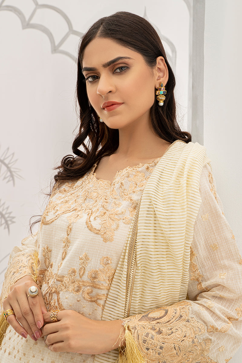 Unstitched Festive 3 Piece Embroidered Cotton White Ivory Suit