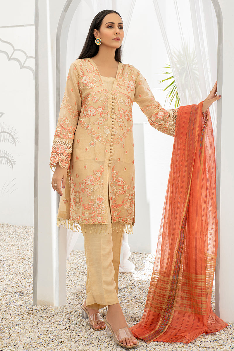 Festive 3 Piece Embroidered Cotton Golden Brown Suit