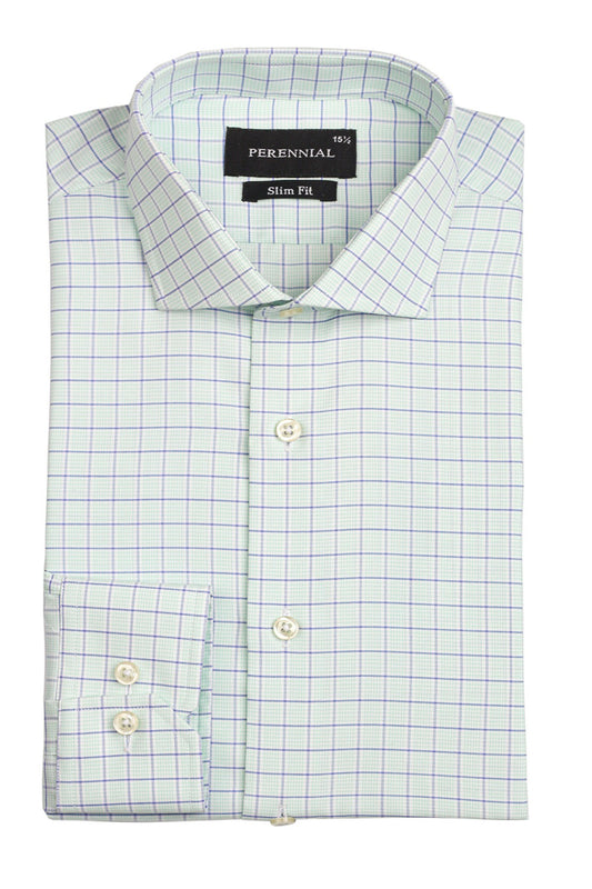 Pure Cotton Slim-Fit Shirt, Mint Green Grid Check