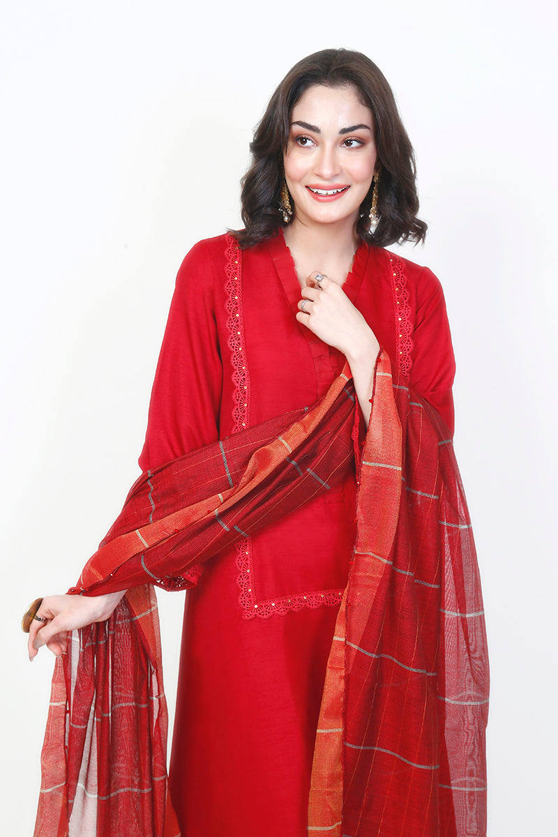 Pret Wear 3 Piece Solid Bloody Red Raw Silk Suit