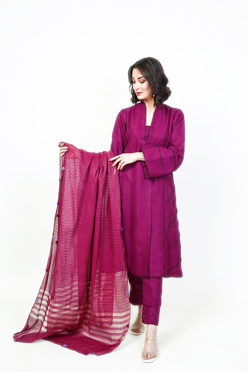 Pret Wear 3 Piece Solid Purple Plum Raw Silk Suit