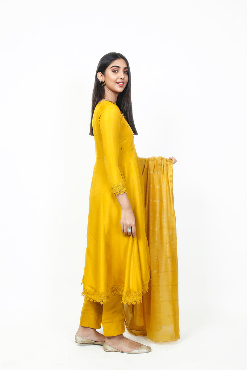 Pret Wear 3 Piece Solid Mango Yellow Raw Silk Suit