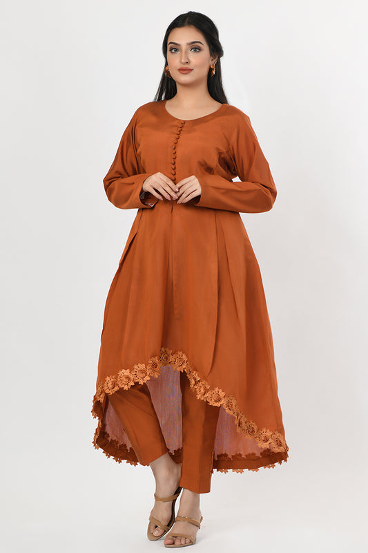 Pret Wear 2 Piece Peplum Cotton Silk Rust Mustard Dress