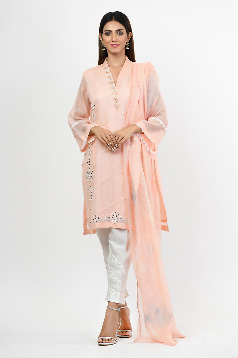 Pret Wear 3 Piece Mirror & Pearls Khaddi Cotton Peach Pink Suit