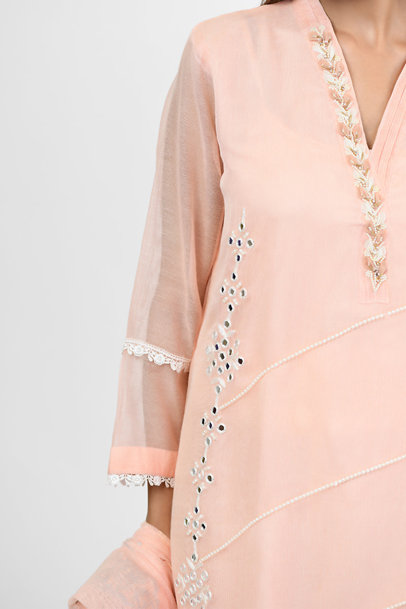 Pret Wear 3 Piece Mirror & Pearls Khaddi Cotton Peach Pink Suit