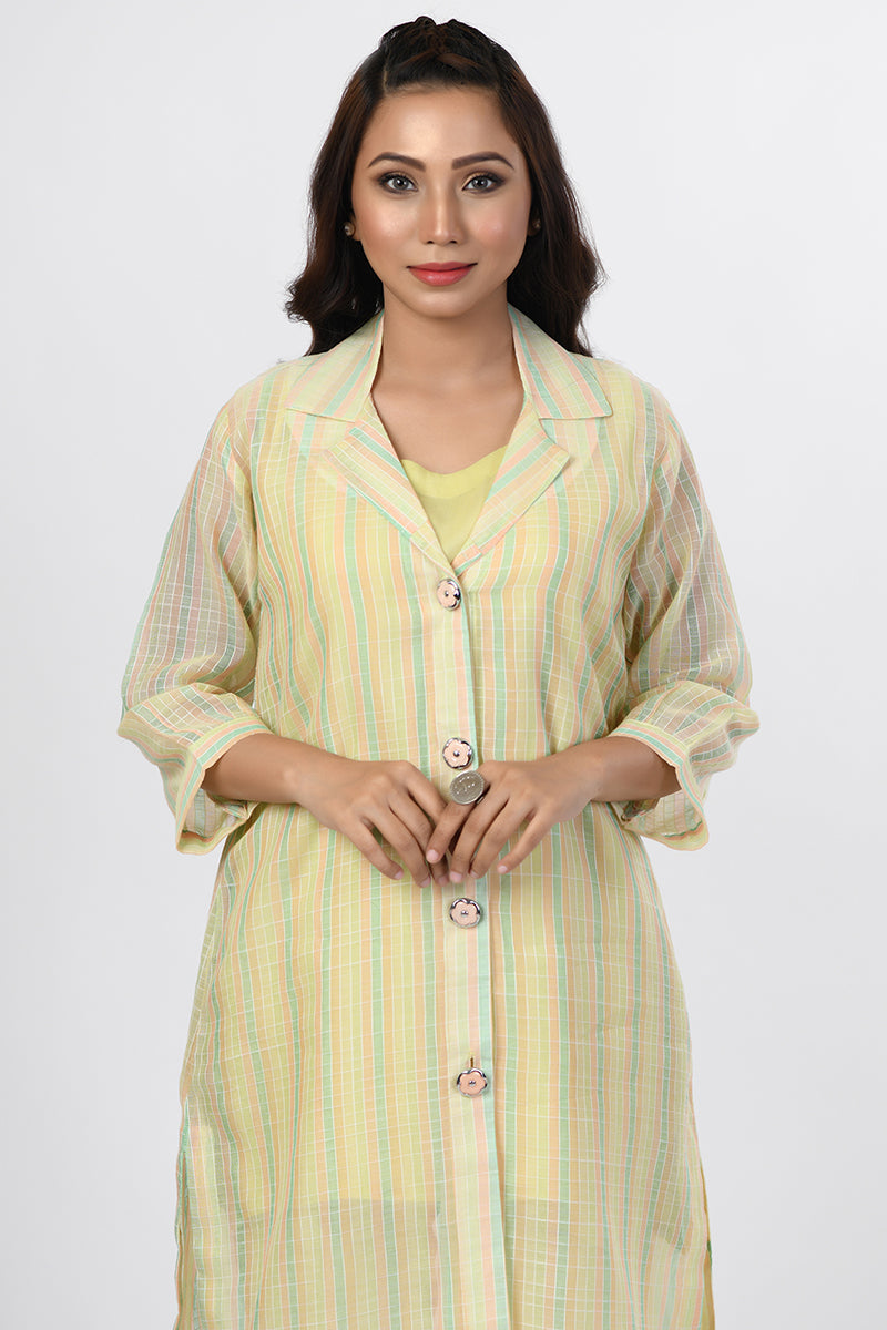 Pret Wear 2 Piece Front Open Slub Cotton Yellow Green Dress