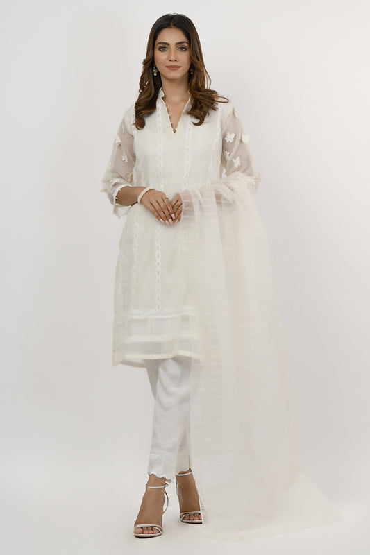 Pret Wear 3 Piece Khaddi Cotton White Suit