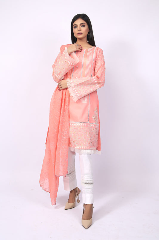 Unstitched 3 Piece Block Printed Cotton Lawn Soft Pink Suit
