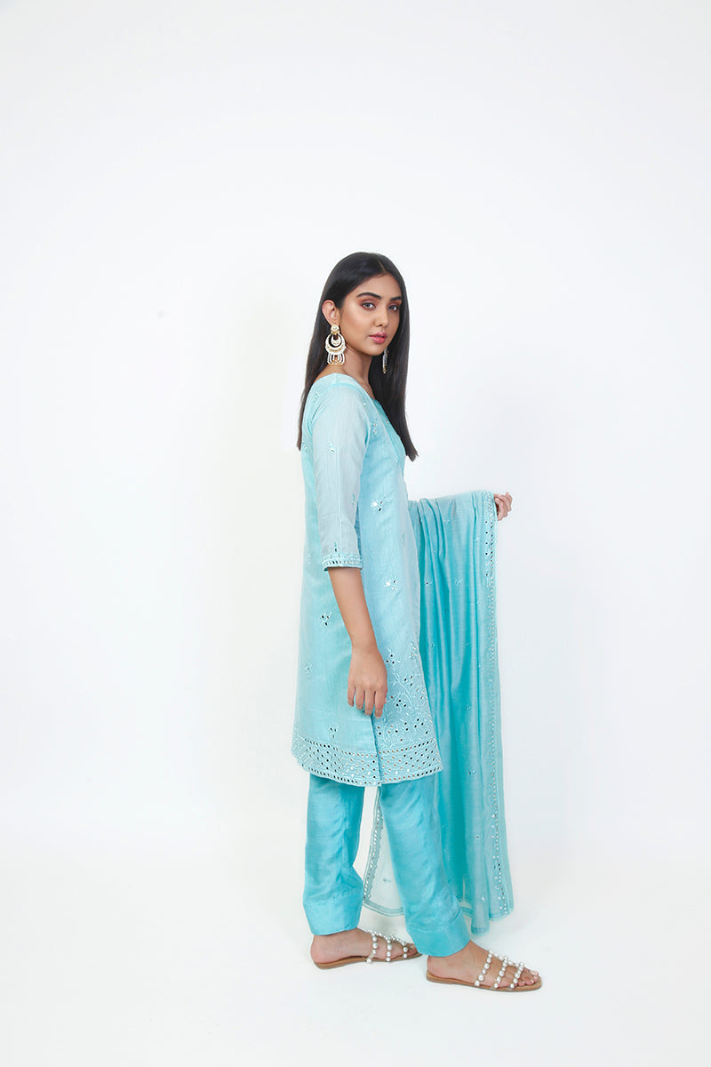 Festive 4 Piece Embroidered Mirror Work Cotton Net Turquoise Suit