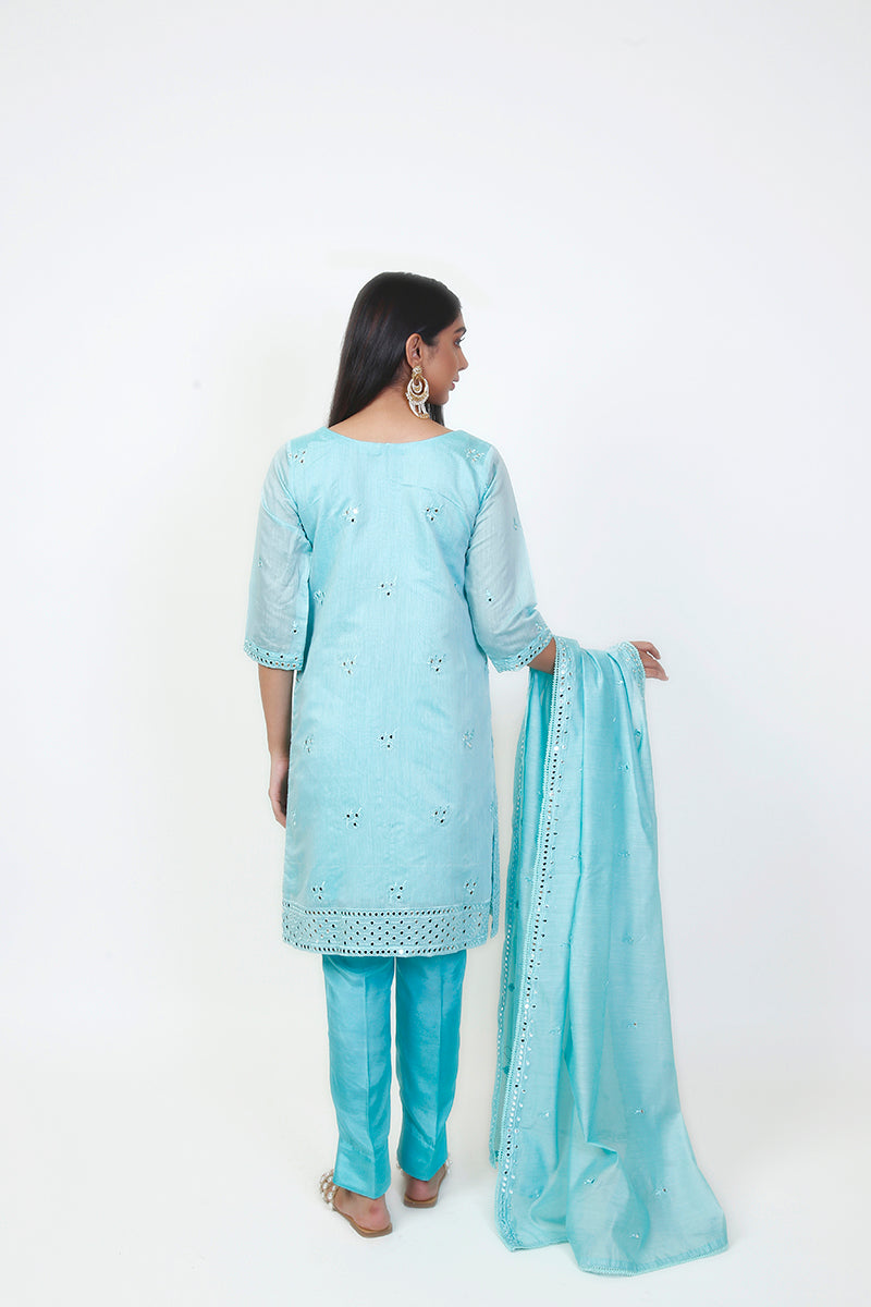 Festive 4 Piece Embroidered Mirror Work Cotton Net Turquoise Suit