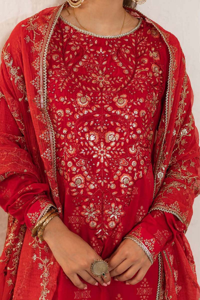 Embroidered Shirt Shalwar Dupatta - Carmine Red - Jacquard Suit
