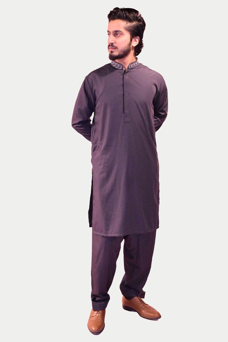 Black Shalwar Kurta With Embroidery On Placket And Ban