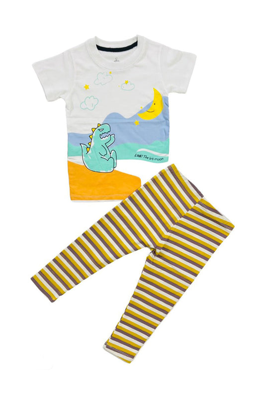 Moon & Clouds Tee With Yellow Striped Tights