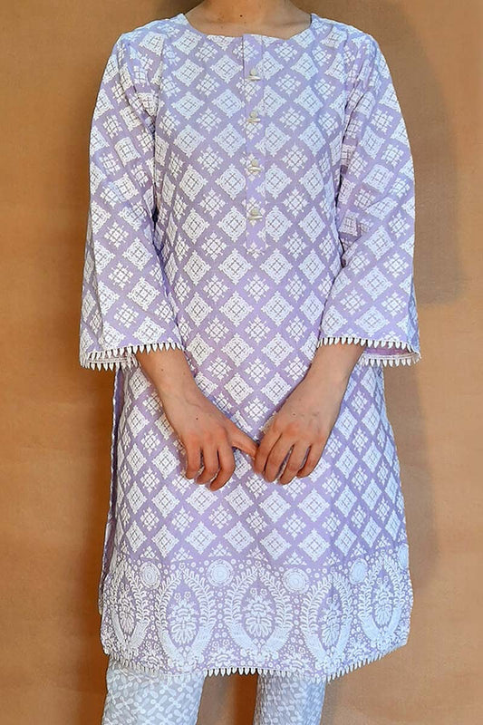 Embossed Cotton Kurti With Lace - Lilac - ZK81