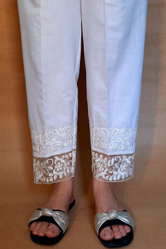 Embroided Trouser - White - Cotton - ZT221