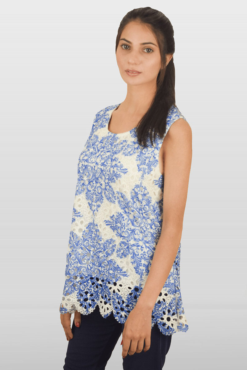 White and Blue Crochet Paisley Print Top
