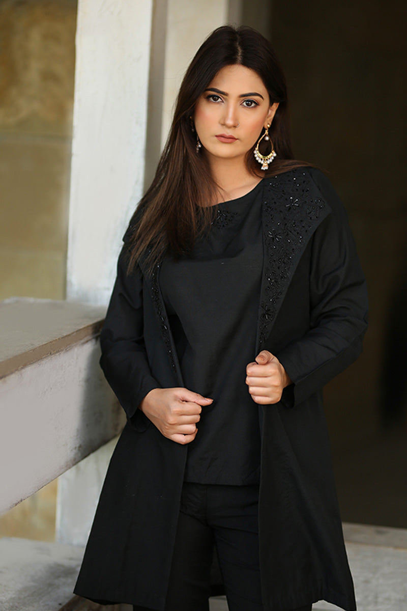 Black Western Coat Style With Self Embriodery Highlightes With Stones Raw Silk