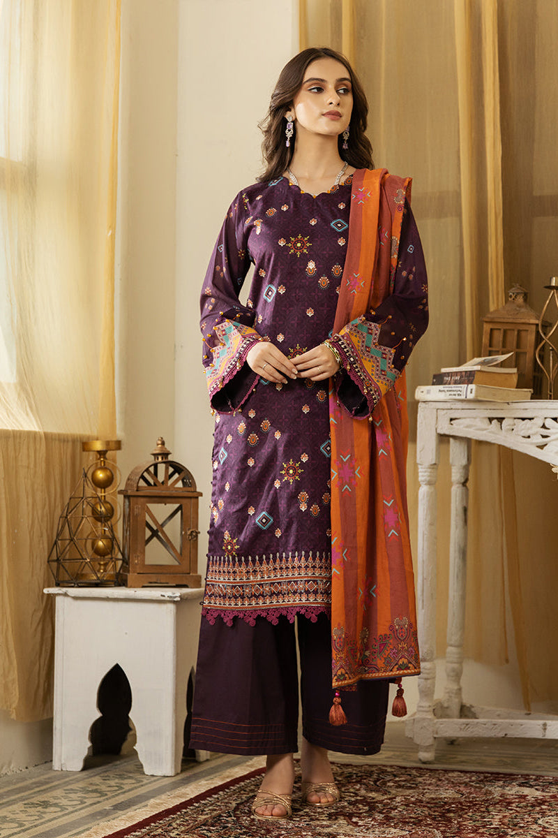 2Pc Unstitched - Lawn Printed Embroidered Shirt With Printed Lawn Dupatta