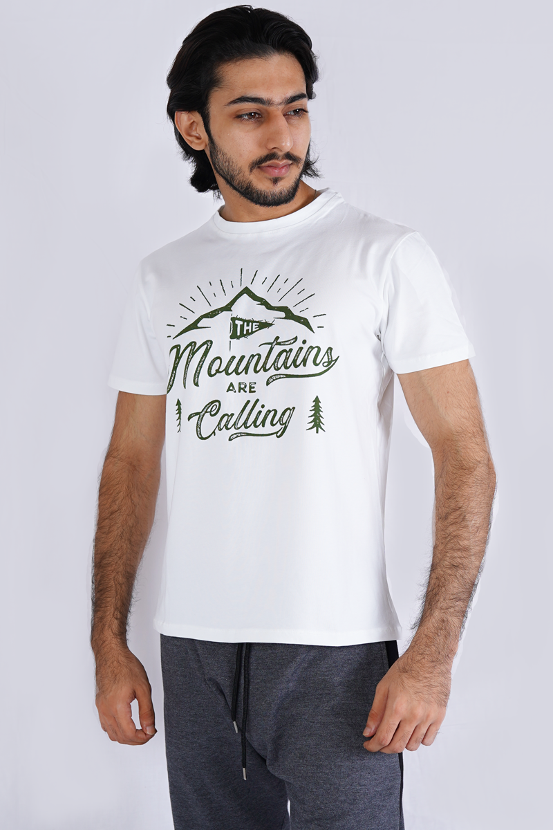White Premium Printed T-Shirt Mountains are Calling W-CNT-011