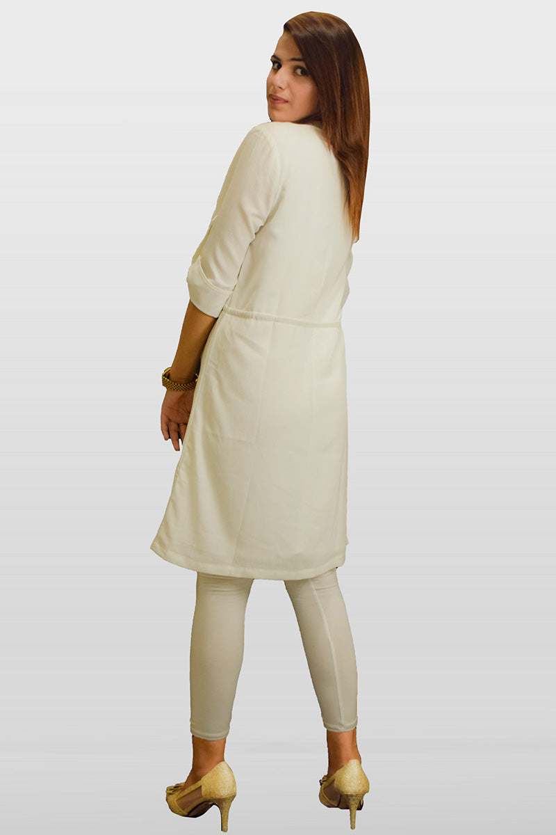 White Crepe Roll Sleeve Tunic Dress