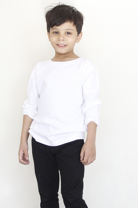 Kids Clothes - Cotton White Full Sleeves T-Shirt For Boys