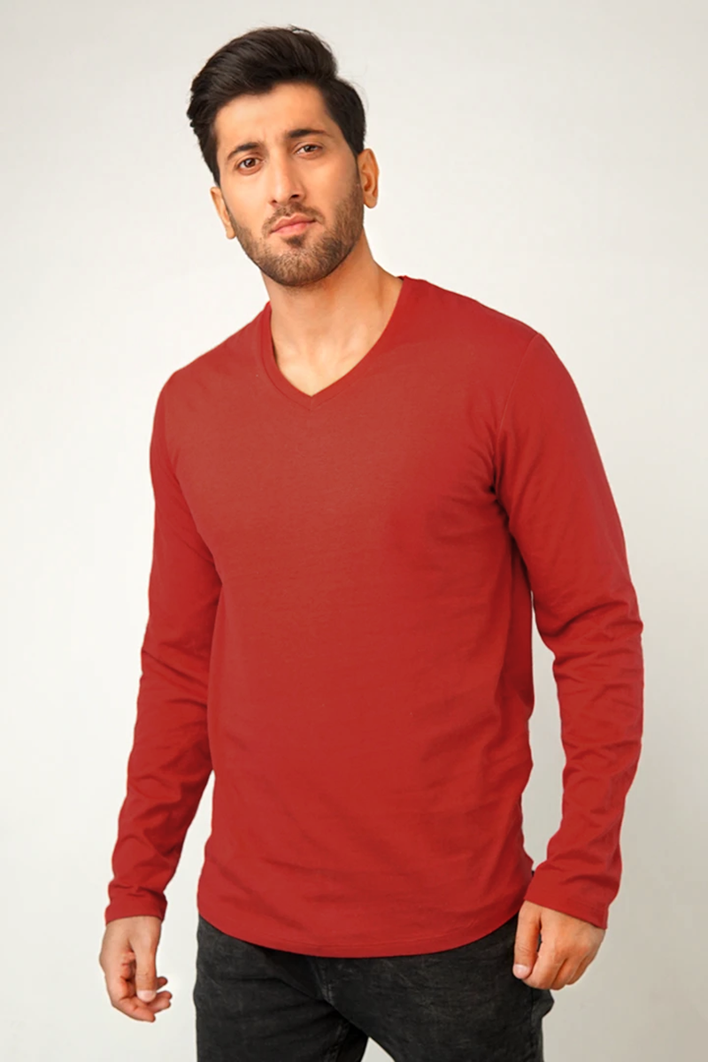 Maroon V-Neck Full Sleeve T-Shirt