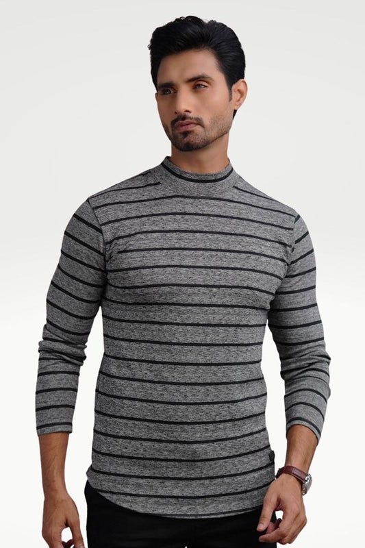 Silvered Slate Mock Neck Striped Sweatshirt